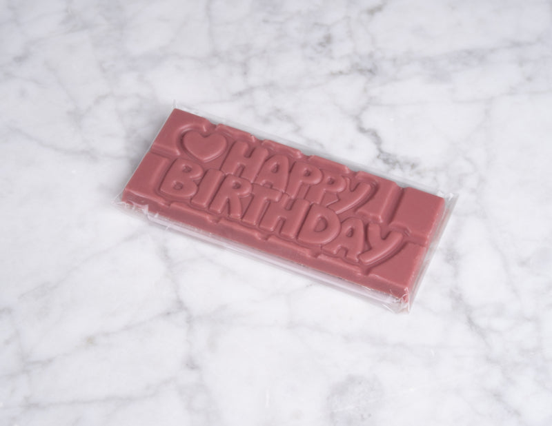 Chocoladereep met quote: Happy Birthday - ruby chocolade 45g