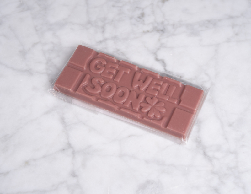 Chocoladereep met quote: Get well soon - ruby chocolade 45g