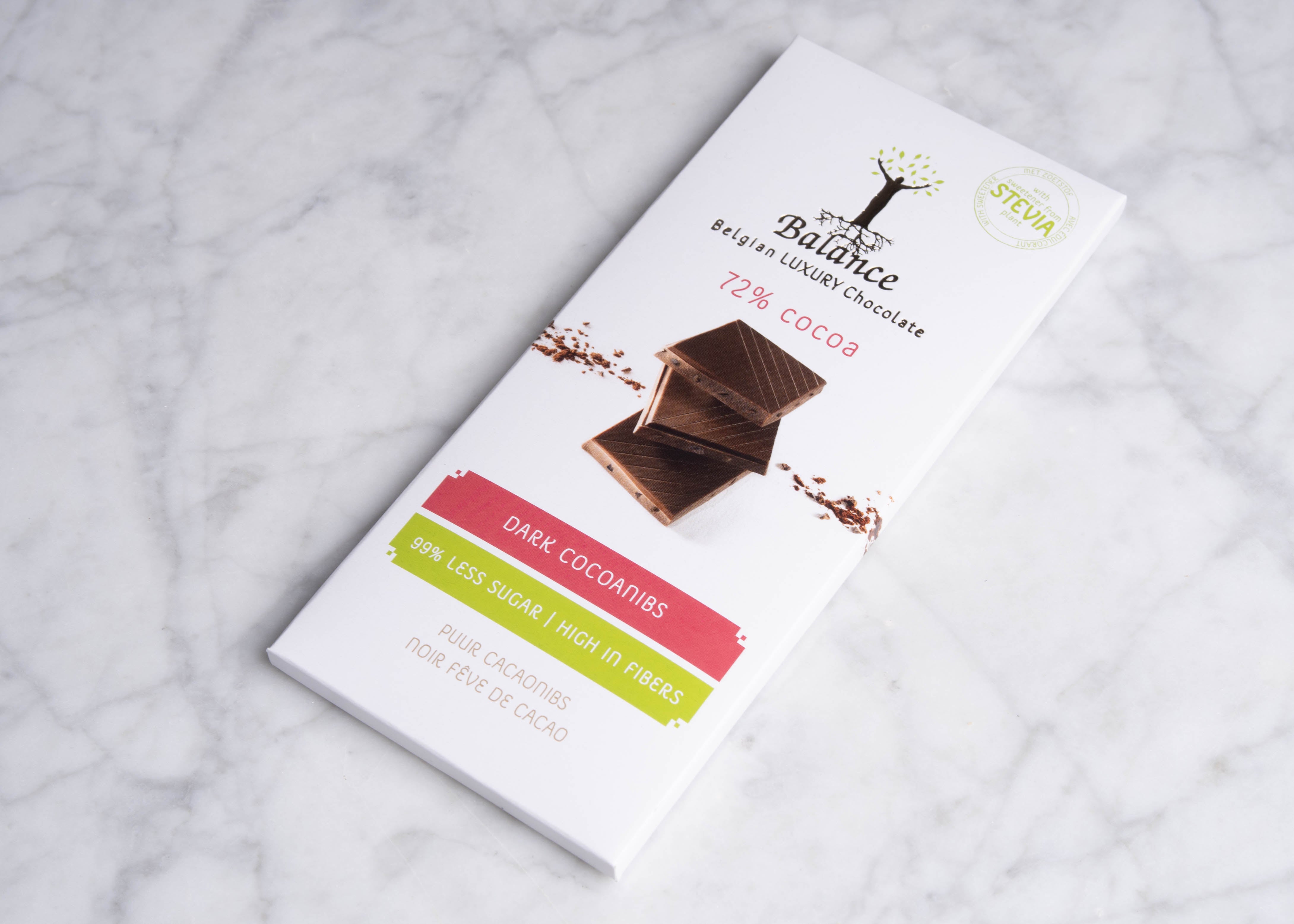 Stevia Luxe tablet pure chocolade 72% Nibs 85g