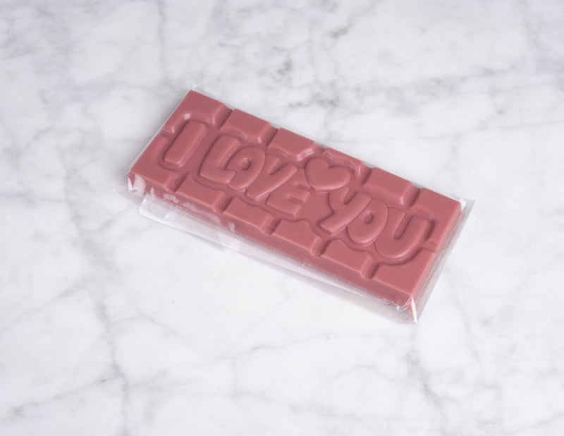 Chocoladereep met quote: I Love You - ruby chocolade 45g