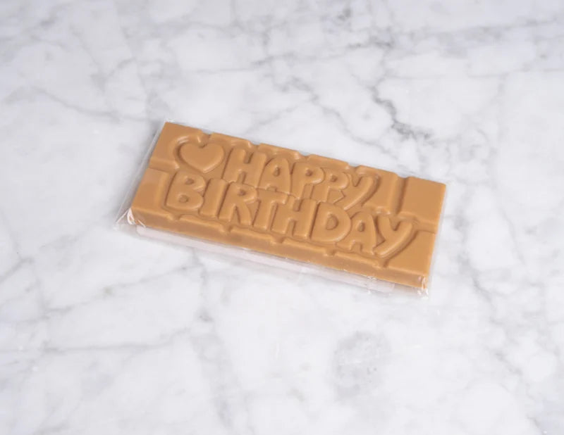 Chocoladereep met quote:  Happy Birthday - gold chocolade 45g