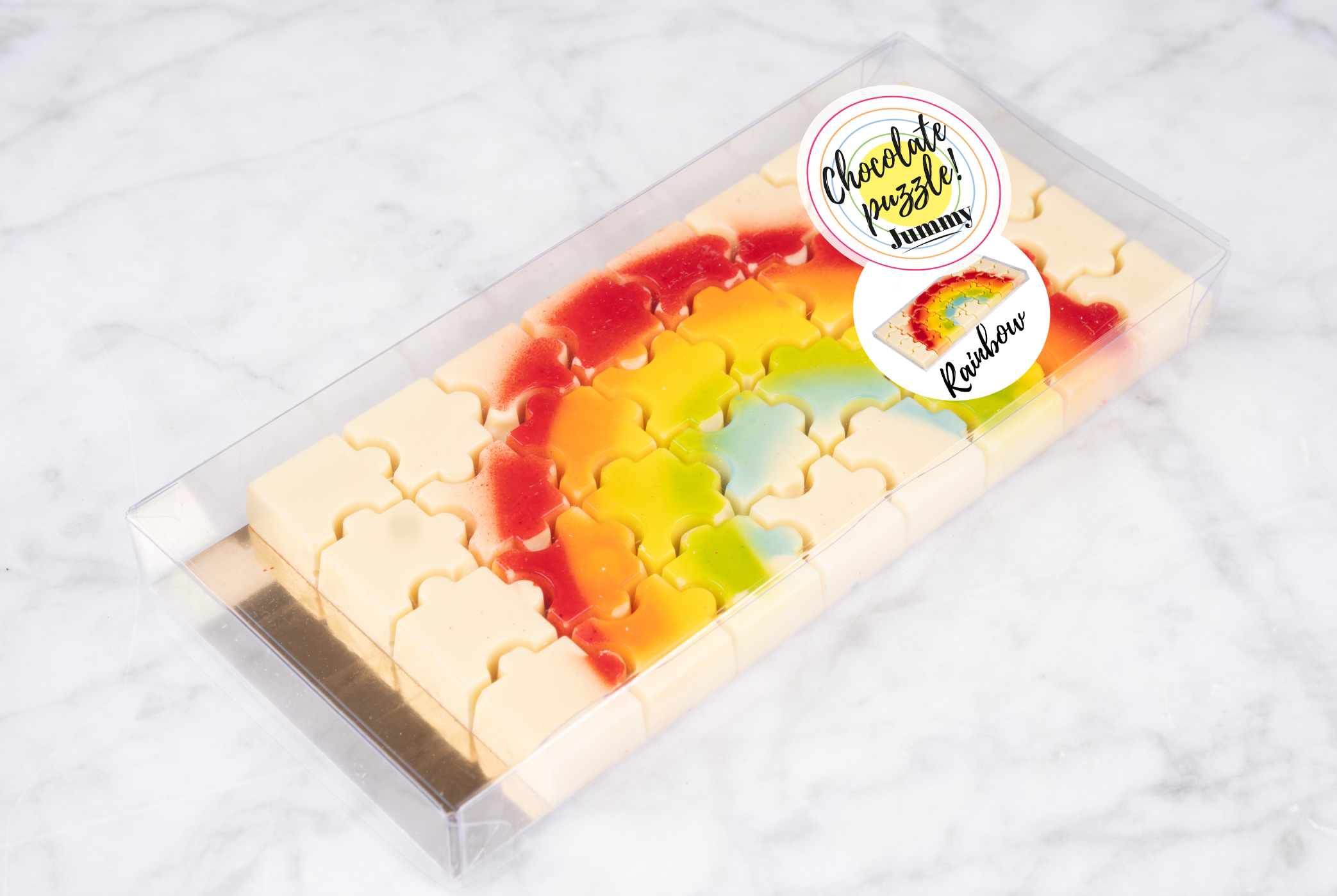 Regenboog chocolade puzzelreep